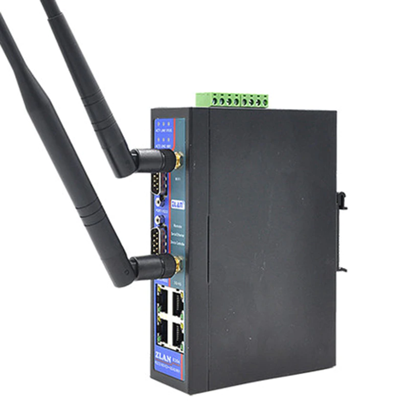 ZLAN industrijski 4G LTE & WiFi 2.4GHz ruter i "P2P" 2-portni RS-232/422/485 serijski device server i MODBUS gateway ZLAN8304N2-7, 4 x LAN, SMA & RP-SMA antena, metalno DIN kućište, 9~24Vdc napajanje, -40~85°C