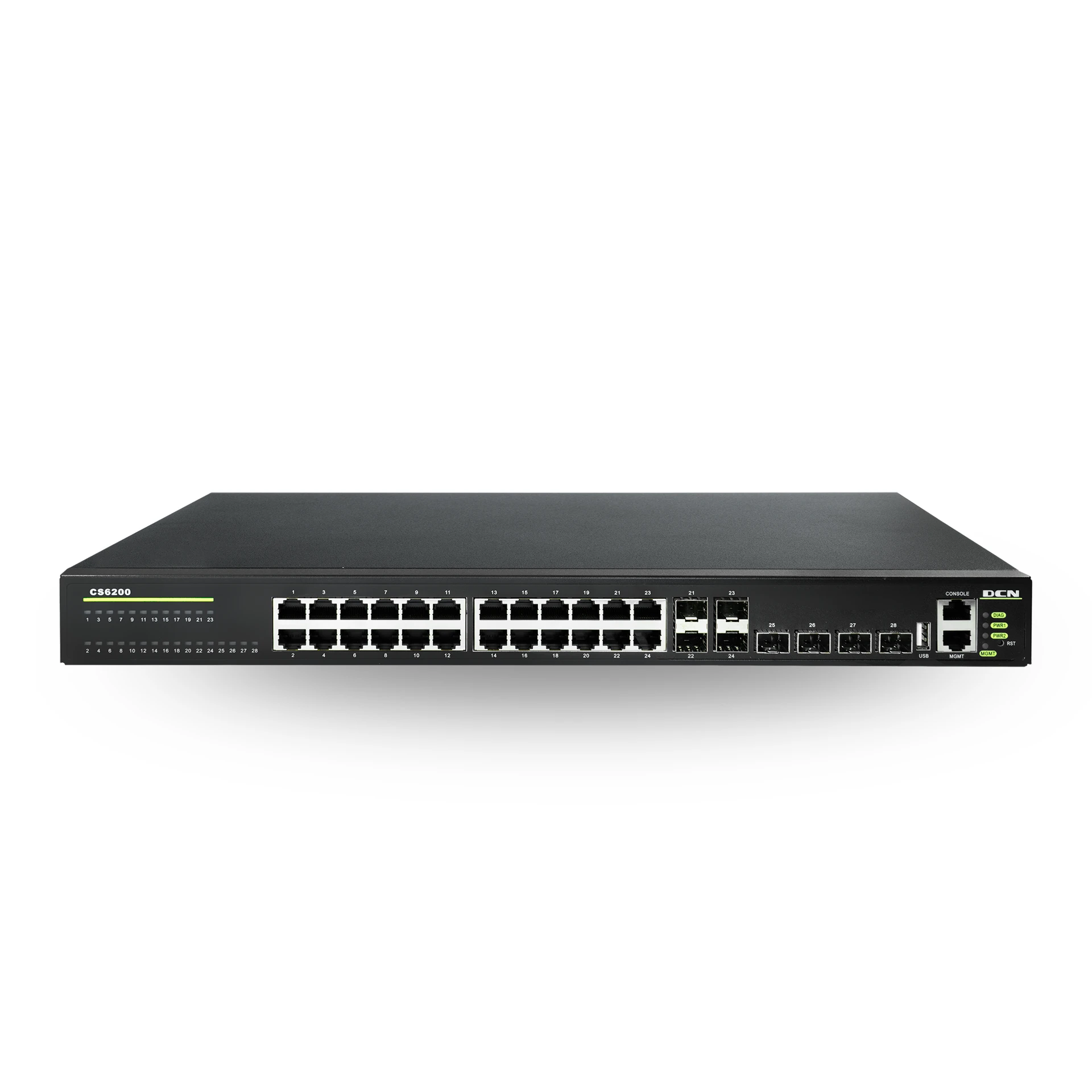 DCN L3 Aggregation svič CS6200-28X-EI 24 x Gigabit (20xUTP+4xCombo SFP/UTP) + 4 x 10GBase-X (SFP+), RIP v2/RIPng/OSPF v3/BGP4+, PIM rutiranje 4000 multicast grupa, VRRP/MRPP, Virtual Switch Framework, 1+1 Redundant PSU