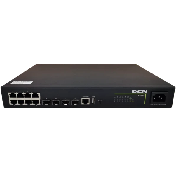 DCN L3-lite svič S4600-12X-SI 8 x Gigabit + 4 x 10GBase-X (SFP+), USB i konzolni port, QinQ, MVR, static routing & PBR, ACL, MRPP, OAM EFM/CFM, VCT, DDM, bez ventilatora