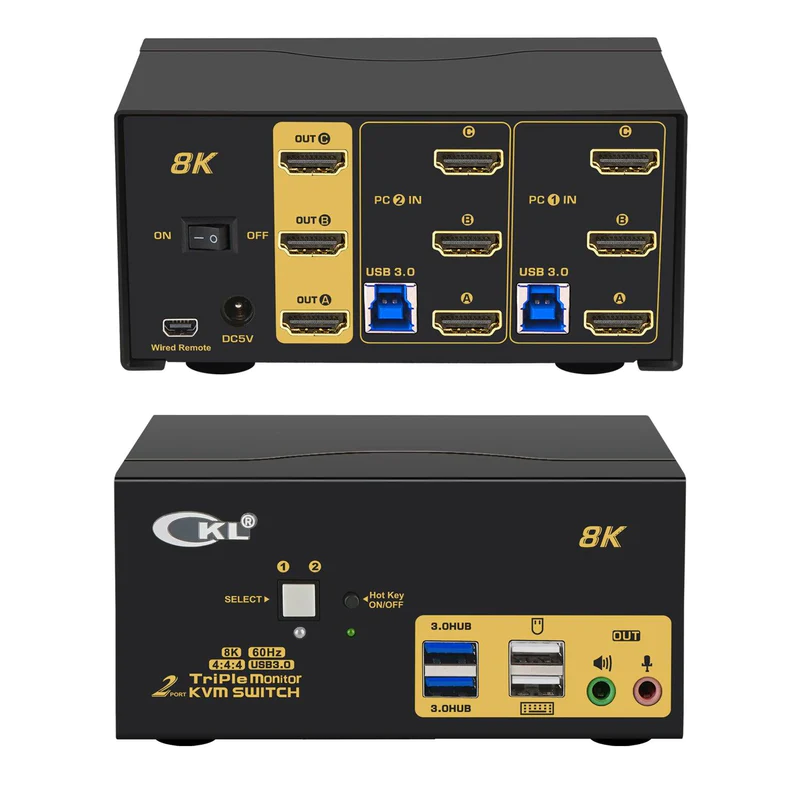 HDMI KVM USB svič CKL-923HUA-4, 2-portni, Triple Monitor, HDMI 2.1 Compliant up to 8K HDTV (@60Hz), with audio & microhpone, 2 x USB 3.0 port hub, svič mode: push button / hotkey / mouse click / wired remote / auto scan