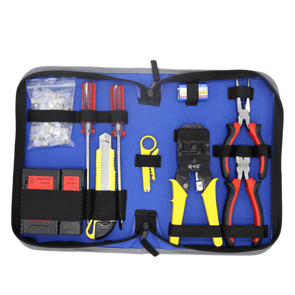 Komplet alata za računarske i telekomunikacione mreže Noyafa NF-1304 – RJ45/RJ12 krimp klješta sa sečicama, UTP/STP omski RJ45/RJ11 tester, skalpel, 2 x šrafciger, 2 x klješta, striper za blankiranje kabla i 110 impact