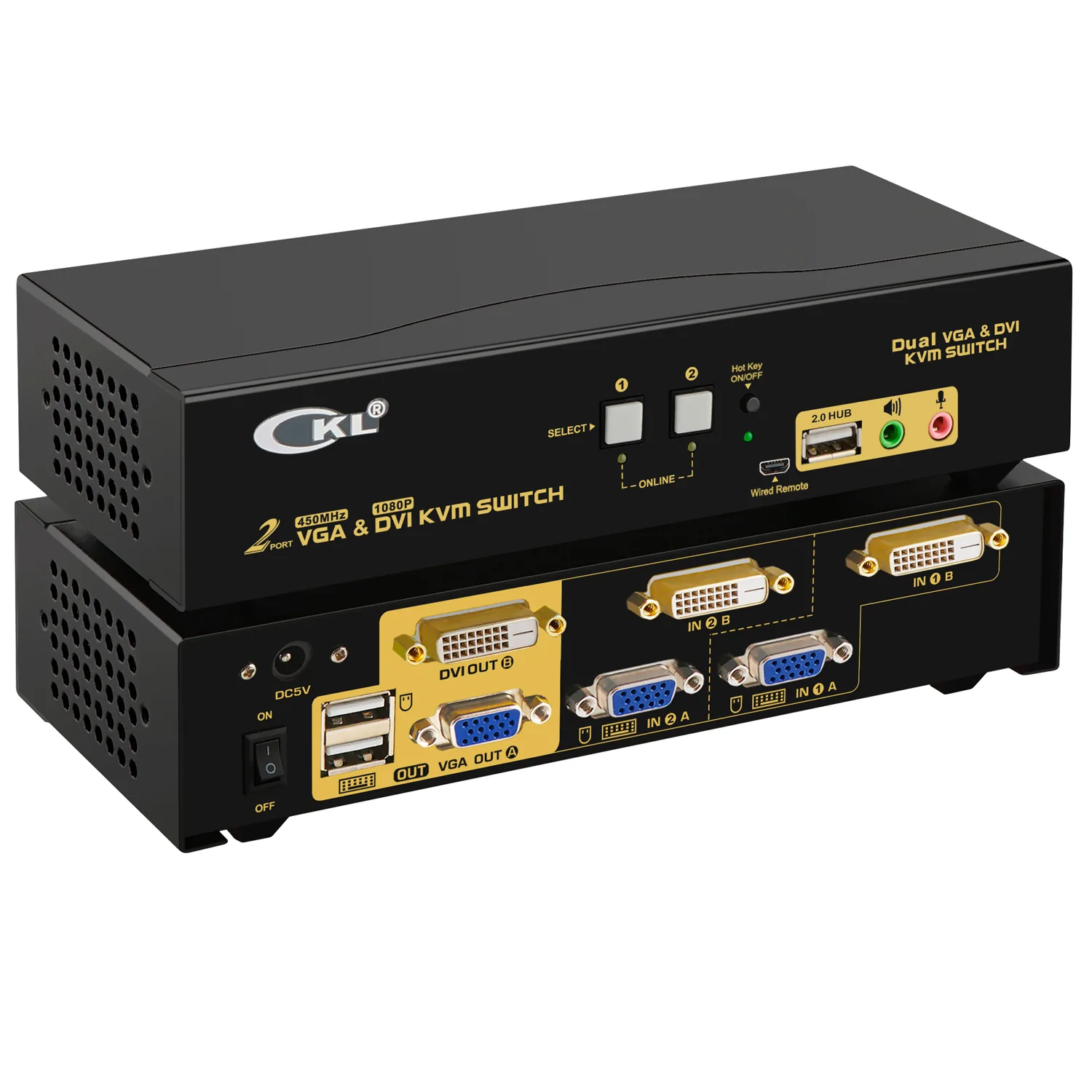 KVM Dual Monitor DVI + VGA USB svič CKL-822UD 2-port 2048x1536@450MHz sa VGA kablovima, DVI 1080p@60Hz, EDID, DDC2, Audio, USB Hub, 4 mod: hotkey/ mouse/ button/ auto-scan za kontrolu 2 računara sa 1 tast/ miša/ monitora