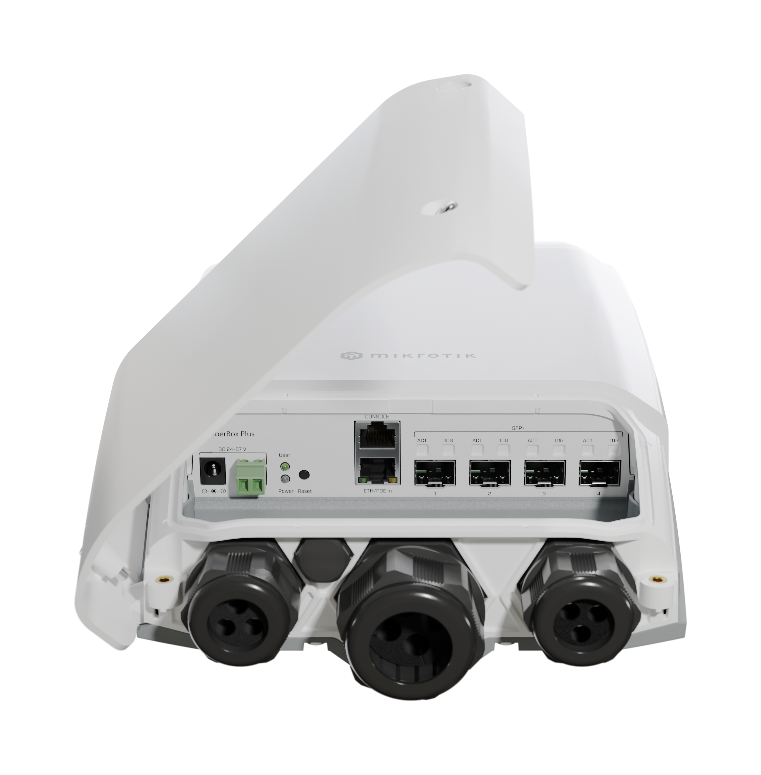 MikroTik FiberBox Plus outdoor ruter 4 x SFP+ slota, Gigabit LAN (PoE-in), CPU 800MHz, 256MB RAM, VPN ruter/ firewall/ bandwith manager/ load balancer, IP66, RouterOS L5 / SwOS