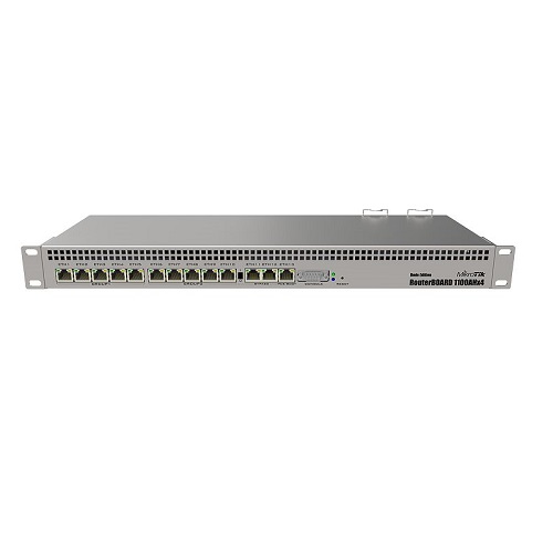MikroTik RB1100AHx4 Dude Edition ruter sa 13 Gigabit 10/100/1000Mb/s LAN/WAN, Quad core CPU 1.4GHz , IPsec accelerator, 60GB M.2 SSD, 2 x SATA3, 1GB RAM, PoE in 802.3af/at, dual redundant power supplies, 19" rack, ROS L6