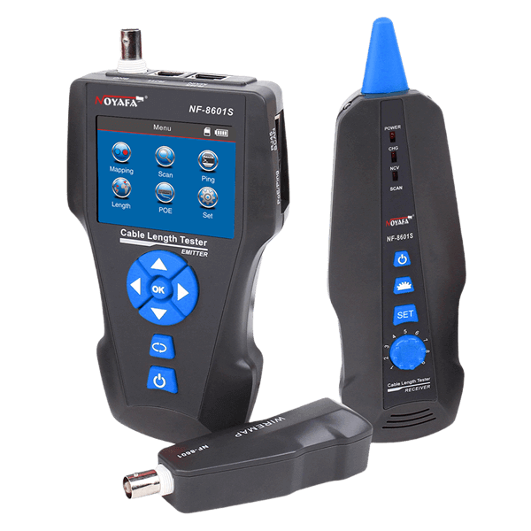 Noyafa NF-8601S TDR multifunkcijski tester – detektuje dužinu, trase, raspored pinova, prekide do 1km, aktivne linije / performanse / PoE napon, konektori RJ11/ RJ45/ BNC/ PoE & Ping, LCD ekran, memorisanje rezultata