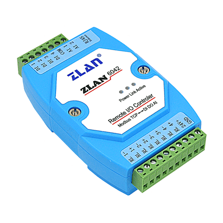 ZLAN industrijski 4-kanalni Remote I/O Ethernet MODBUS TCP/RTU kontroler ZLAN6042, 4xDI, 2xAI (0~5Vdc/4~20mA/1~10KΩ), 4xRO (5A@230Vac/30Vdc), kompaktno DIN kućište, 2KV ESD zaštita, 9~24Vdc (kupuje se posebno), -40~85°C