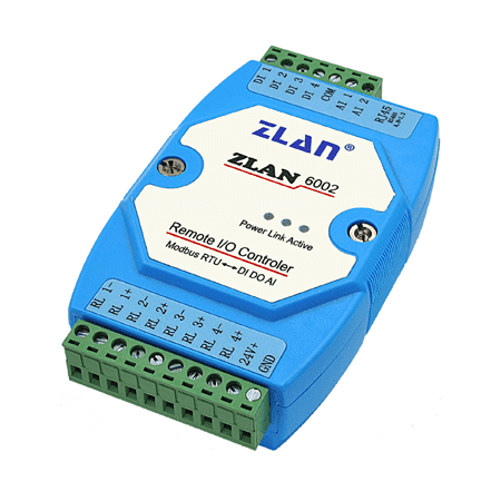 ZLAN industrijski 4-kanalni Remote I/O RS-485 MODBUS RTU kontroler ZLAN6002, RJ-45 port za RS-485, 4xDI, 2xAI (0~5Vdc/4~20mA/1~10KΩ), 4xRO (5A@230Vac/30Vdc), kompaktno DIN kućište, 24Vdc (kupuje se posebno), -40~85°C