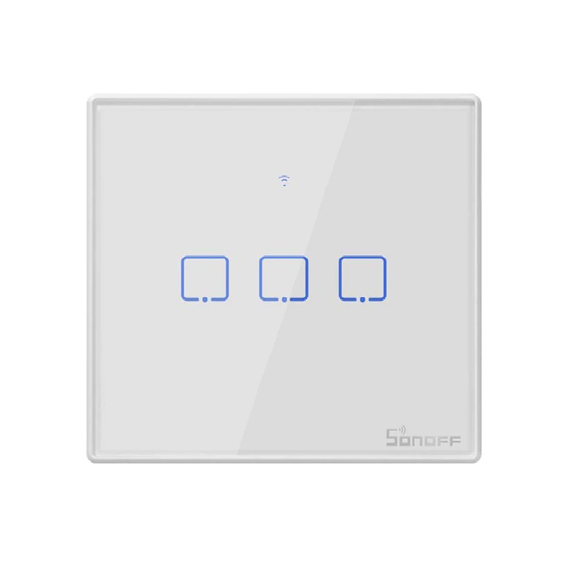 SONOFF T2-TX smart-home zidni prekidač trostruki, belo staklo sa LED indikacijom, 86x86mm, RF 433MHz & WiFi 2.4GHz kontrola, timer i smart scenarija, besplatna eWeLink app, Amazon Alexa / Google Assistant & Nest / IFTTT