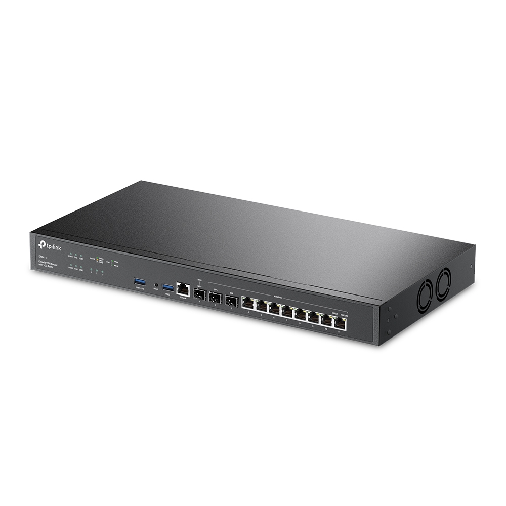 TP-Link ER8411 Omada VPN Firewall core ruter – 2 x 10GbE SFP+ (WAN+WAN/LAN) + 8 x 1GbE WAN/LAN + SFP WAN/LAN + 2 USB (4G LTE WAN backup), 4GB DDR4, IPsec/OpenVPN/L2TP/PPTP, smart load balance / app optimized, ZTP & cloud