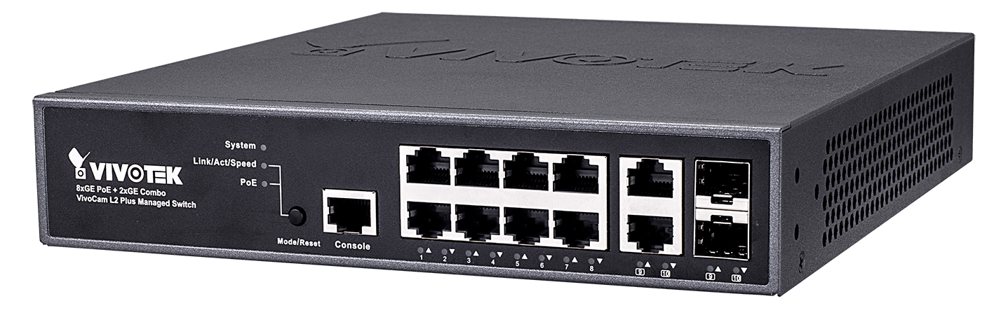 Vivotek AW-GEV-107A-130 upravljivi PoE svič, 8xGbE RJ45(PoE+) +2xGbE RJ45/SFP Combo, power budžet 130W, integrisana NetworkView aplikacija