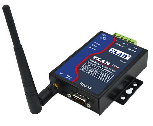 ZLAN industrijski RS-232/422/485 WiFi 2.4GHz AP/STA serijski device server i MODBUS gateway ZLAN7144, DB9 port za RS-232 i terminal za RS-422/485, 1 x LAN, RP-SMA antena, metal case, 9~24Vdc (kupuje se posebno), -40~85°C